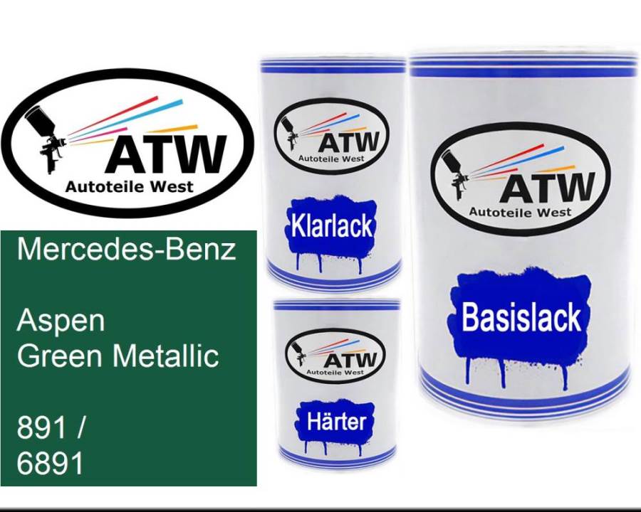 Mercedes-Benz, Aspen Green Metallic, 891 / 6891: 500ml Lackdose + 500ml Klarlack + 250ml Härter - Set, von ATW Autoteile West.